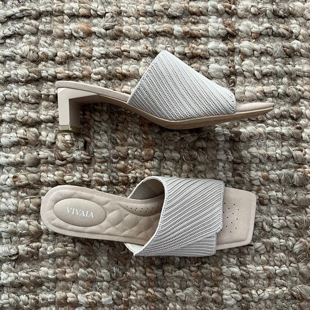 VIVAIA Jade Square Toe 2" Block Heel Knit Slide Sandals Beige EU 39 US 8 NWOT